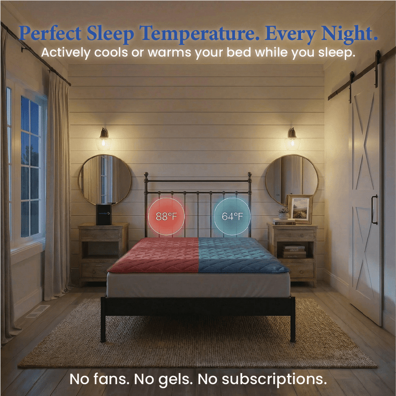 Good Sleep dual-zone cooling and heating mattress topper on a bed, King size