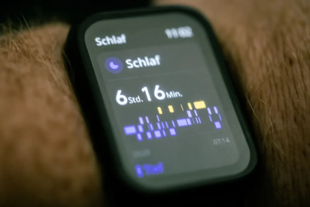 Smartwatch on a wrist showing sleep tracking data
